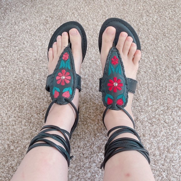 ASOS gladiator black floral red embroidered sandals made in India New - Picture 1 of 11